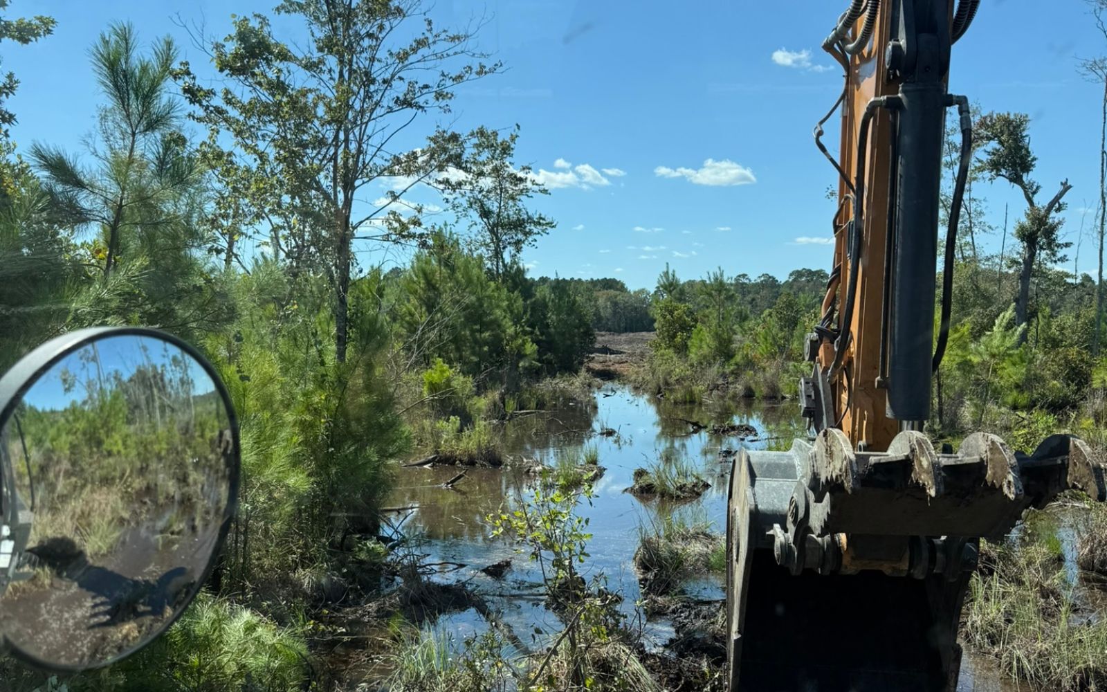 A muddy, water‑filled clearing in a wooded area seen from inside a vehicle cab