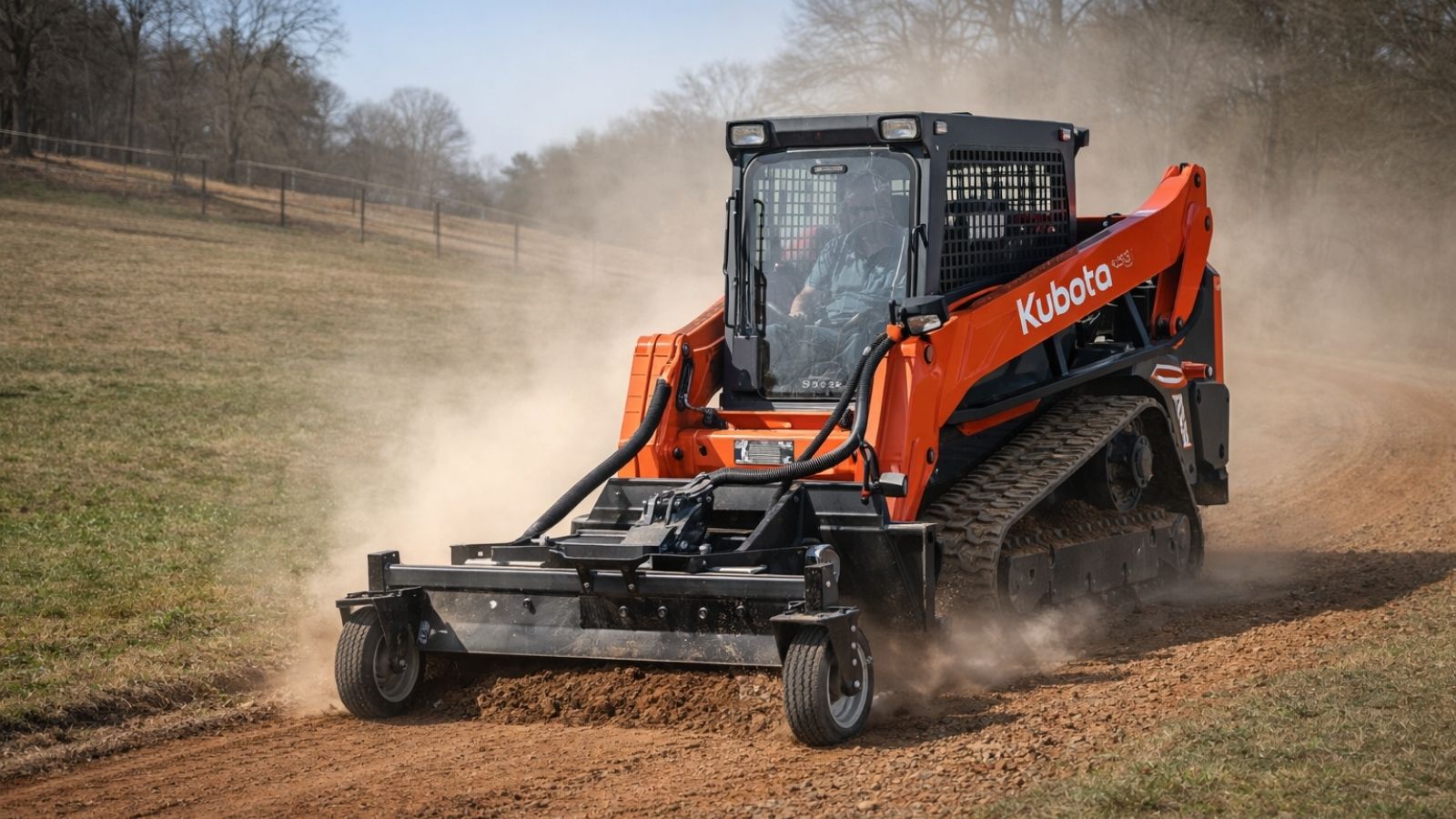 A small orange skid steer loader driving on a dirt road, part of site preparation for Ground Truth Land and Pros