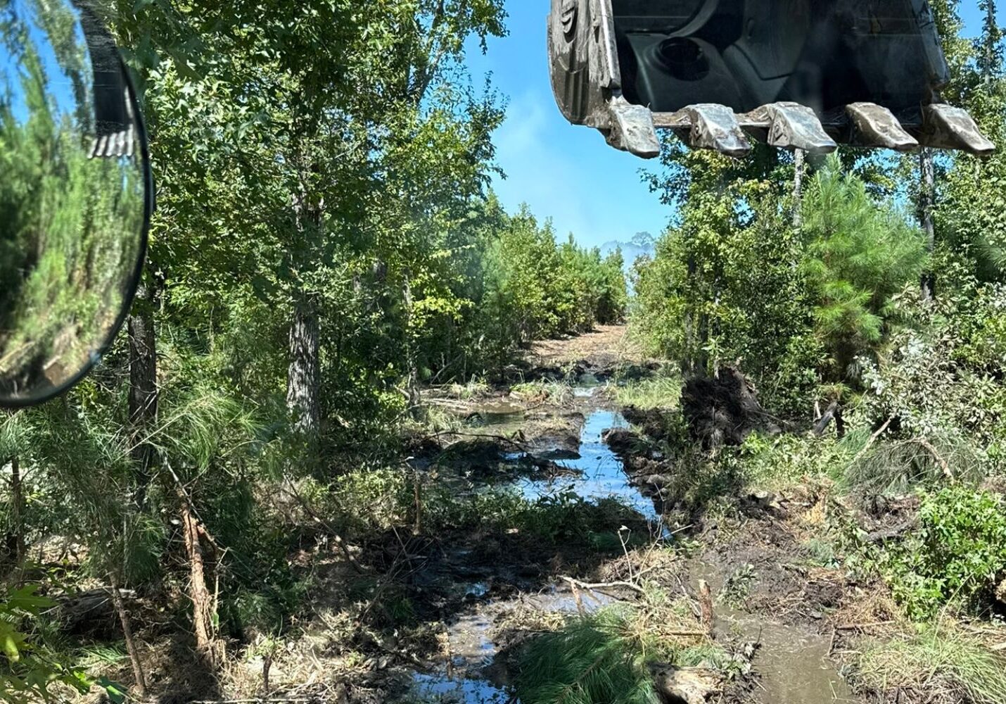 Muddy forest clearing with a rough, water-filled path cutting through trees and vegetation, and the bucket of a construction excavator visible at the top right edge, with part of a vehicle mirror on the left